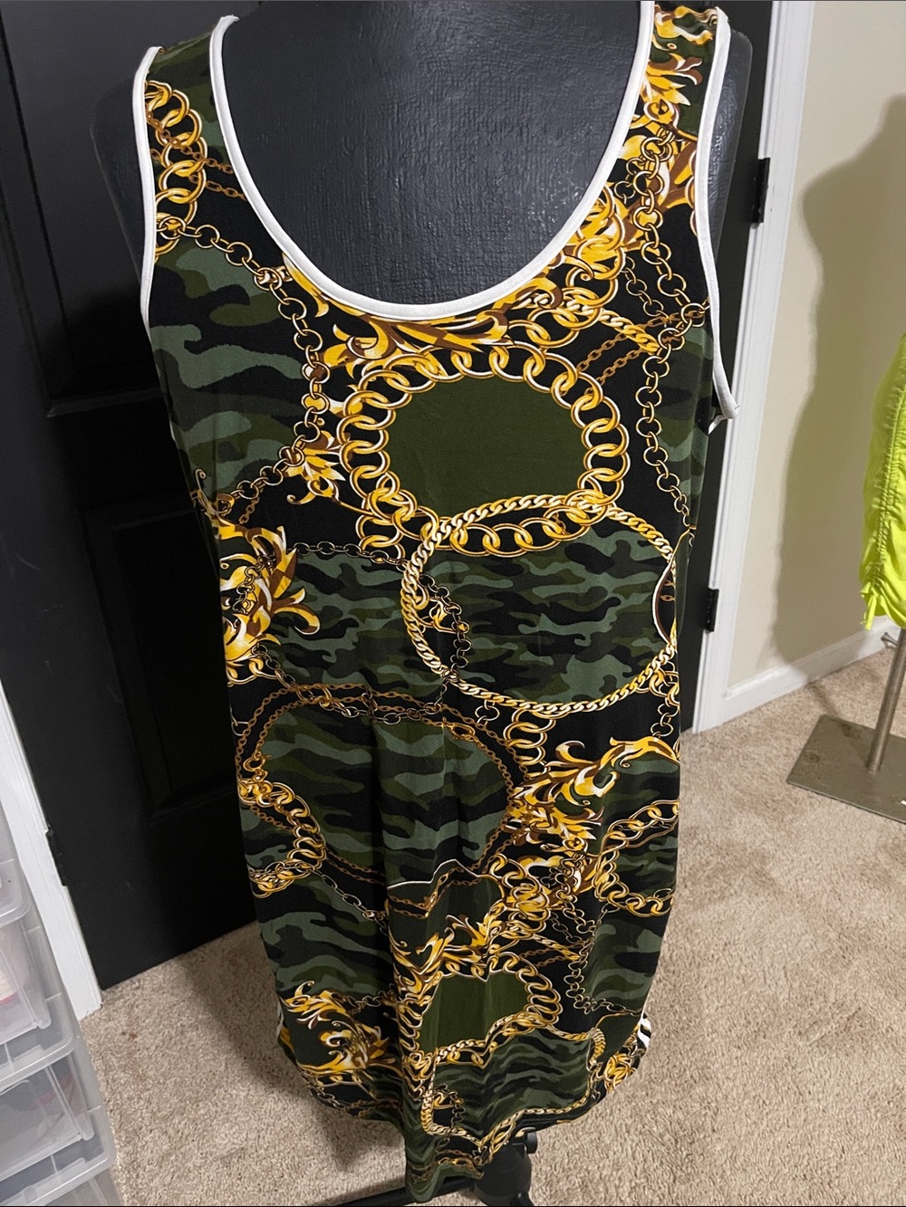 Rouge Helium Olive Green Camo Midi Dress with Gold Chain Print